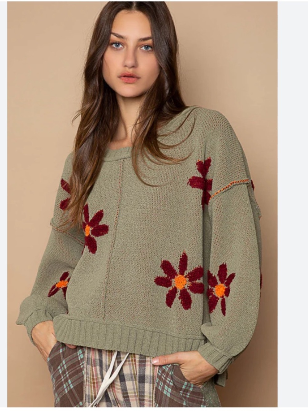 POL ROUND NECK FLORAL OVERSIZED SWEATER